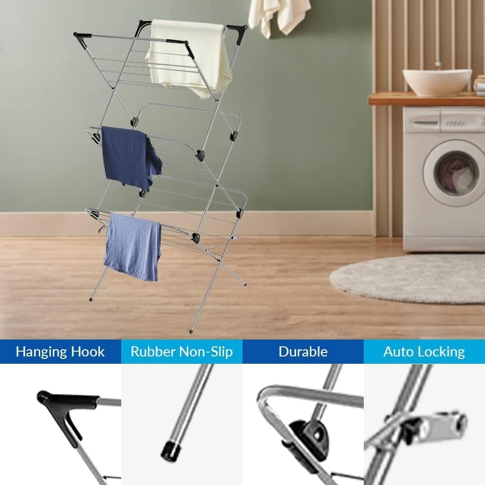 3 Tier Clothes Airer Foldable Alloy Steel Laundry Dryer Indoor Outdoor