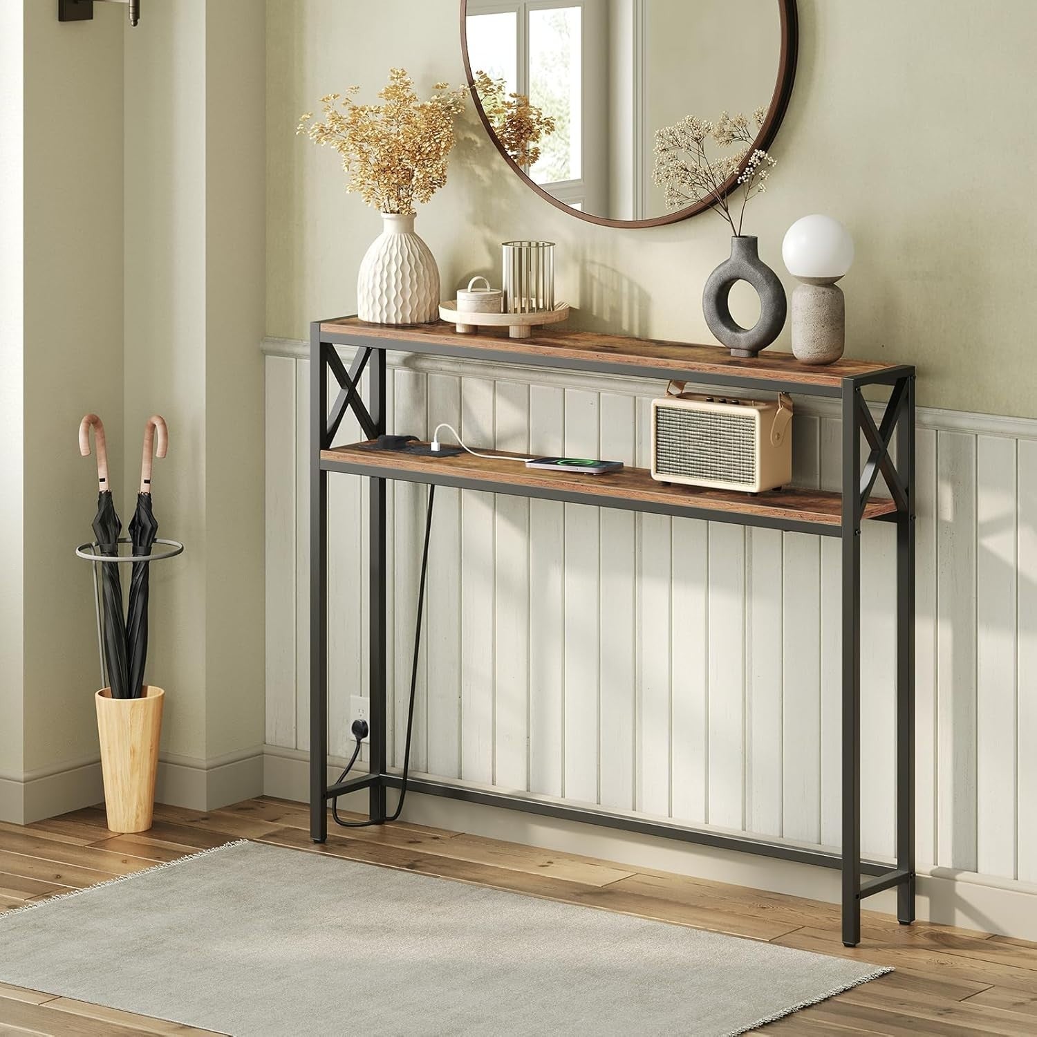 Narrow Sofa Table with Charging Station & USB Outlets, 100cm Console