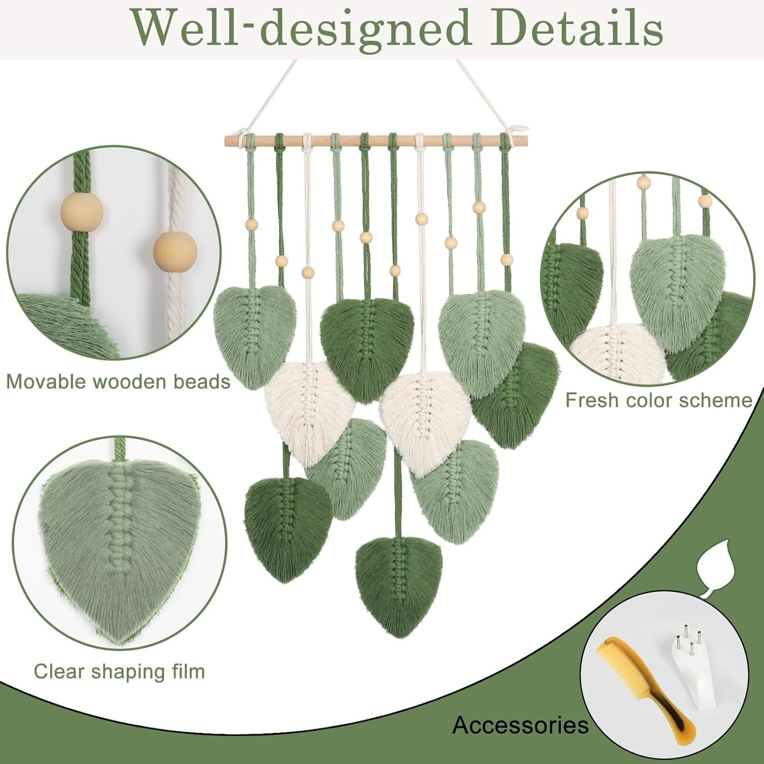 Green Macrame Wall Hanging Leaf Tapestry 40x90cm Boho Decor