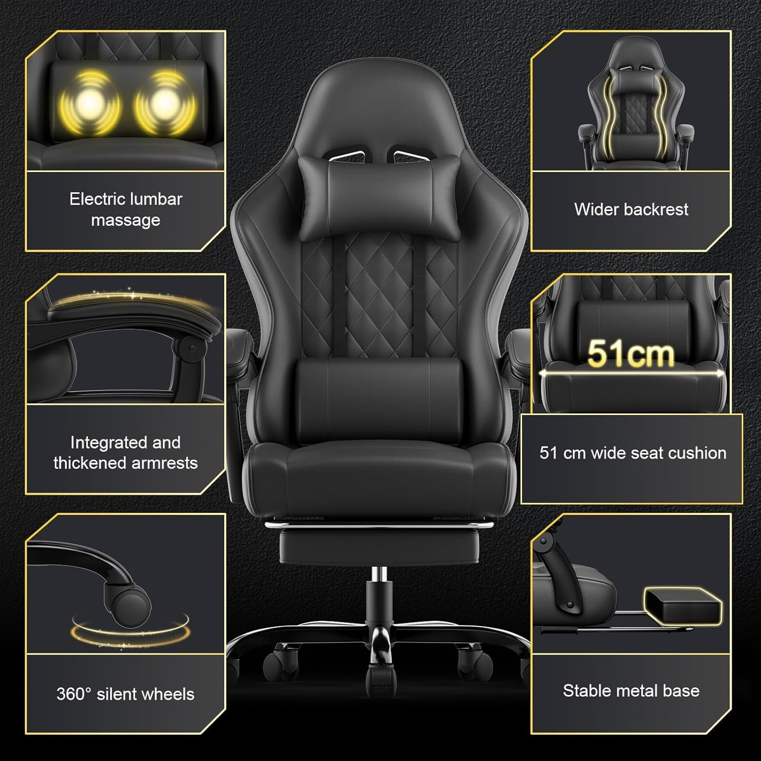 Gaming Chair with Massage Lumbar Recliner Footrest 150kg Black