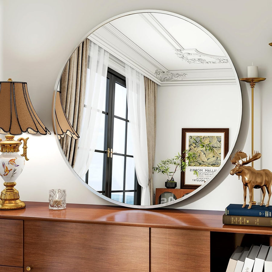 Large Round Wall Mirror 91x91cm | Shatterproof HD Glass | Stylish Aluminum Frame