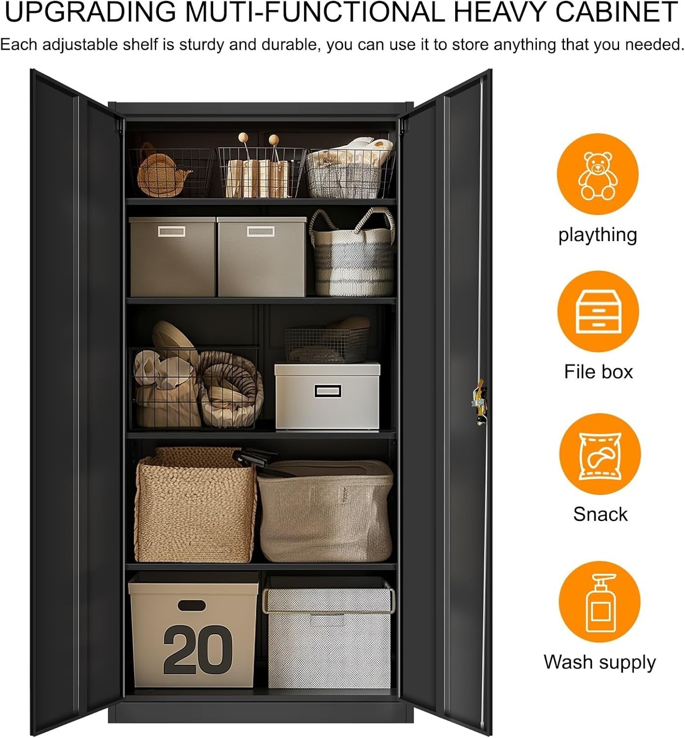 Heavy Duty Lockable 5-Tier Metal Storage Cabinet Adjustable Shelves