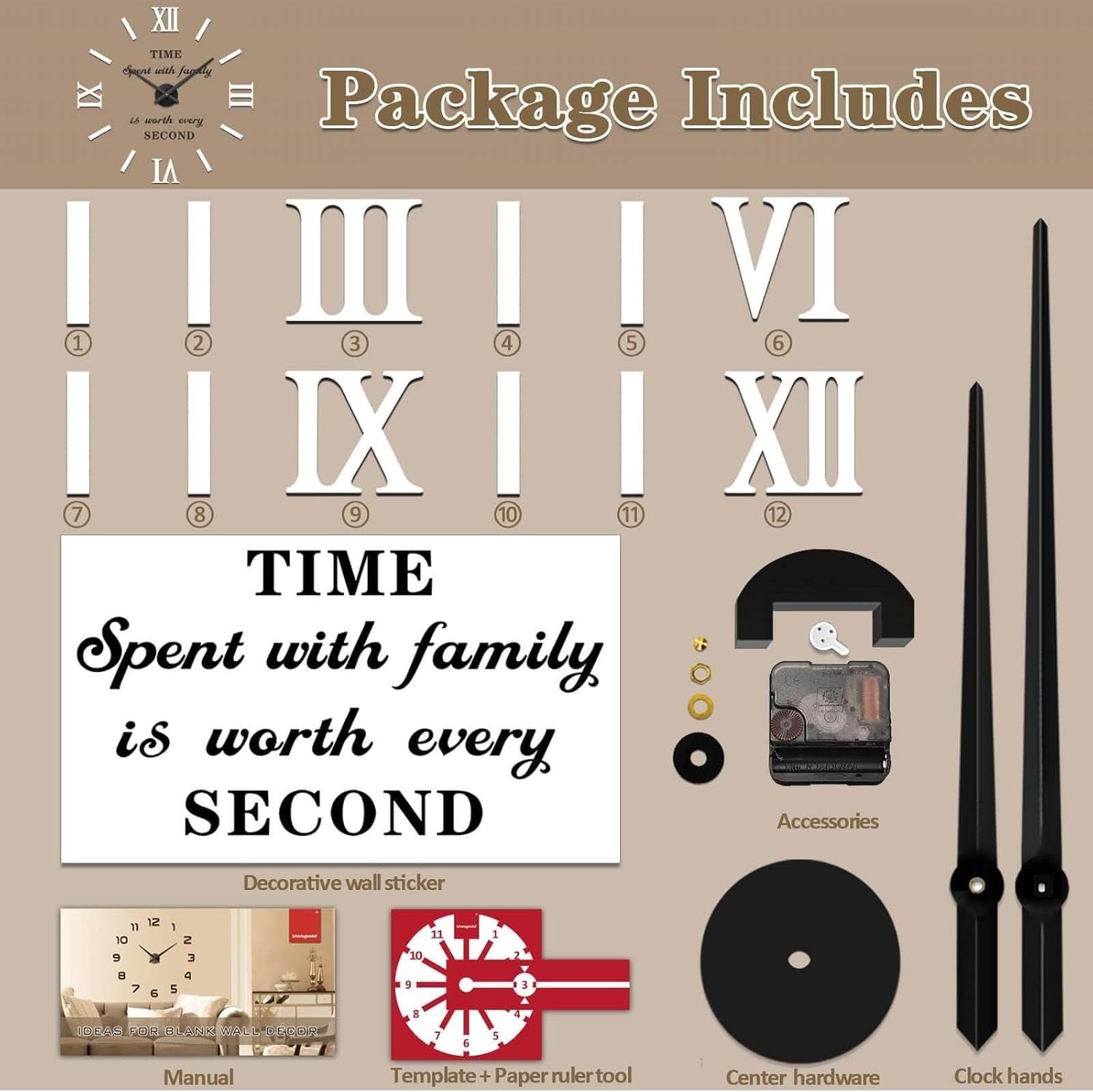 Modern DIY Frameless Wall Clock Large 3D Mirror Sticker Roman Numeral Decor