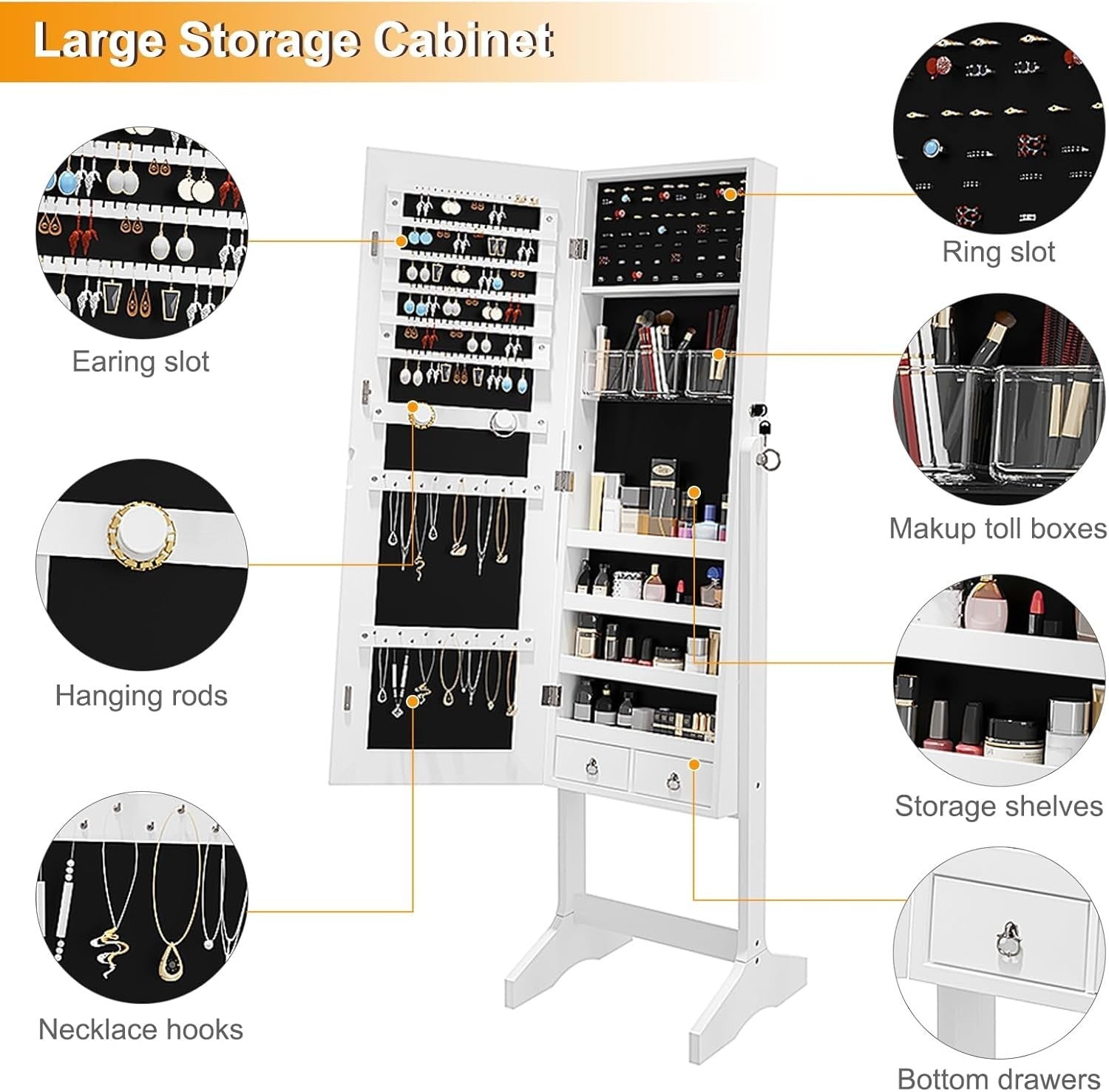 White Lockable Jewelry Cabinet Mirror Adjustable Freestanding Storage