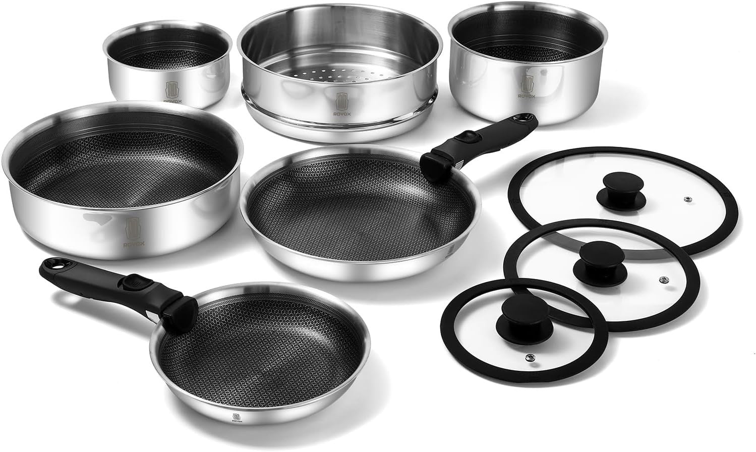 15Pcs Non-Stick Stainless Steel Cookware Set with Lids Steamer Detachable Handle