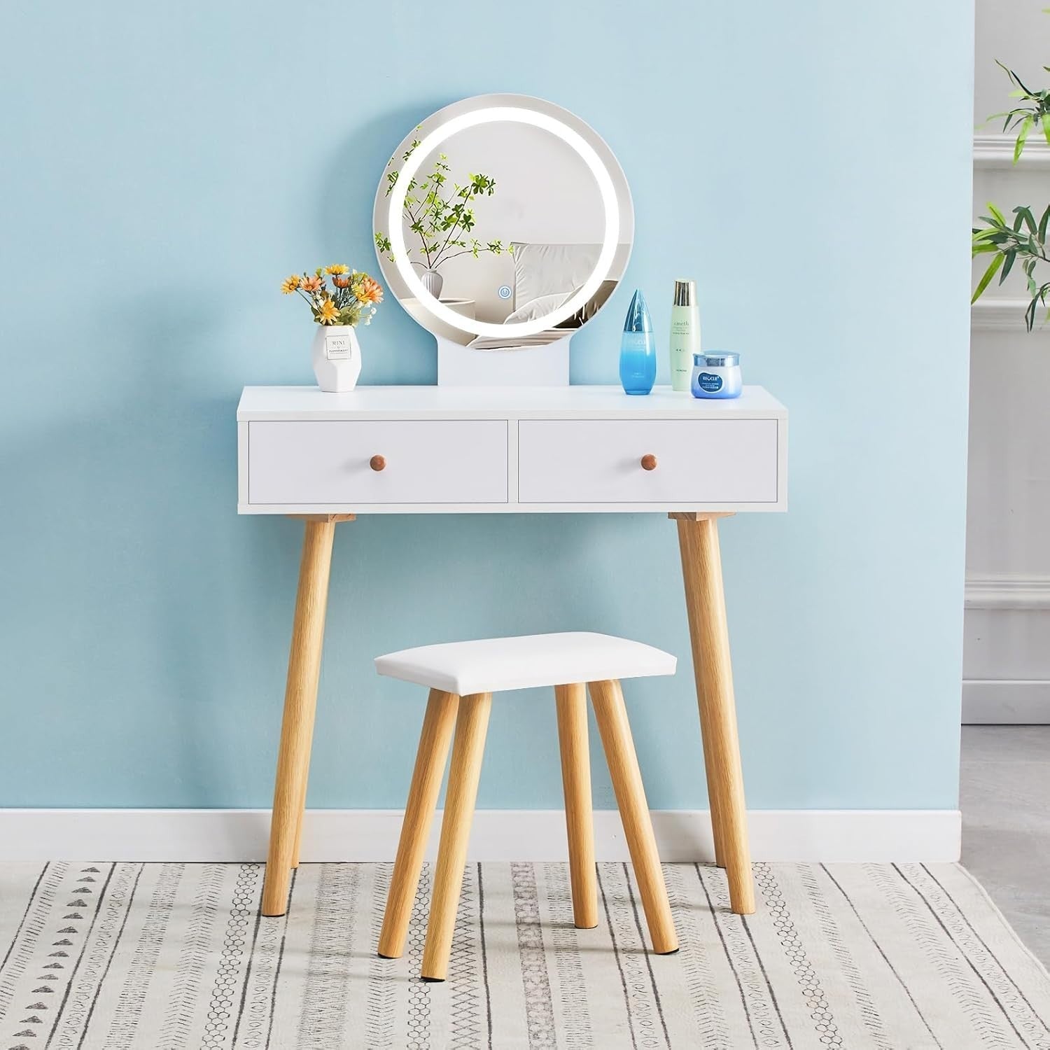 Modern Dressing Table Vanity Set LED Mirror Stool White Wood 2 Drawer Makeup Des