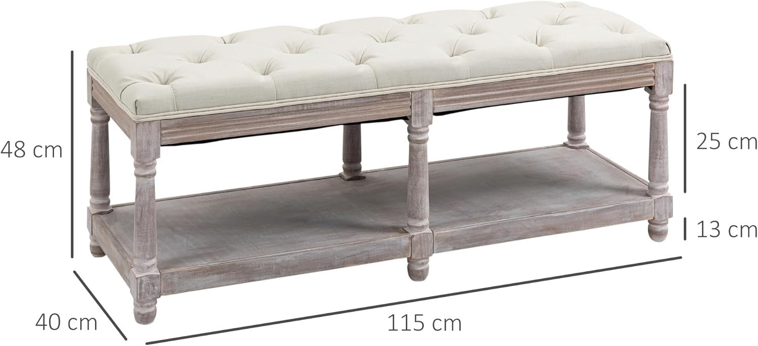Cream White Upholstered Bed End Bench with Shelf, Tufted Seat Storage