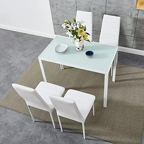 White Glass Dining Table with 4 PU Chairs Contemporary Set 120x80x75cm