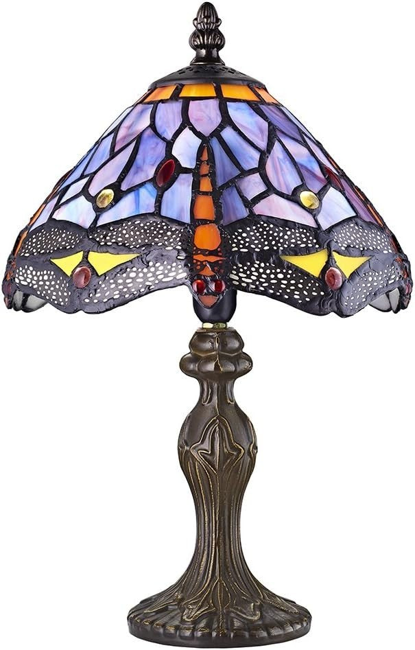 Purple Stained Glass Dragonfly Tiffany Table Lamp with Antique Bronze Base