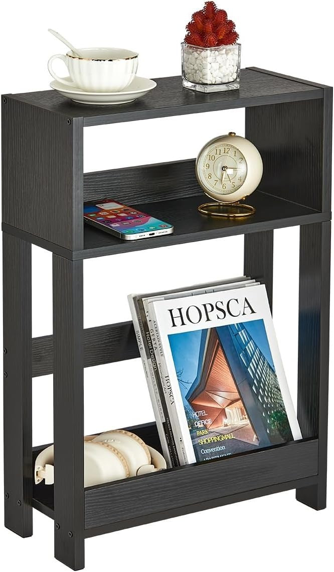 Black Slim Side Table with Shelves | 3-Tier Narrow Bedside & Sofa Table