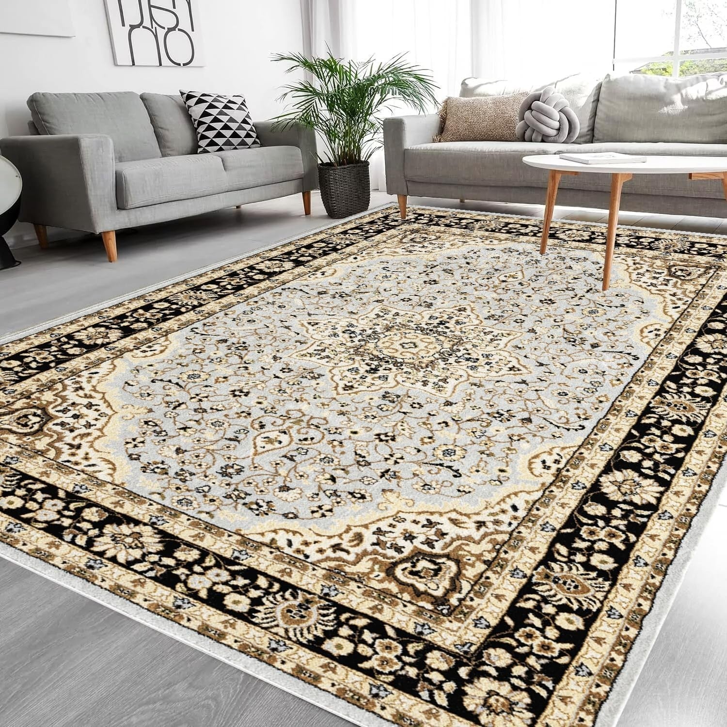 Grey Traditional Area Rug 120x170cm Soft High Pile Non Slip Living Room Carpet