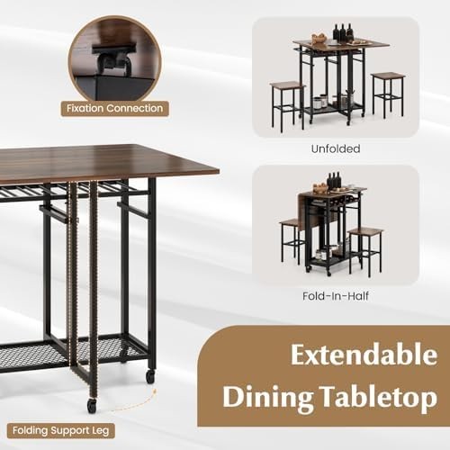 Extendable 3-Piece Dining Table Set with Stools & Wine Rack Walnut Black