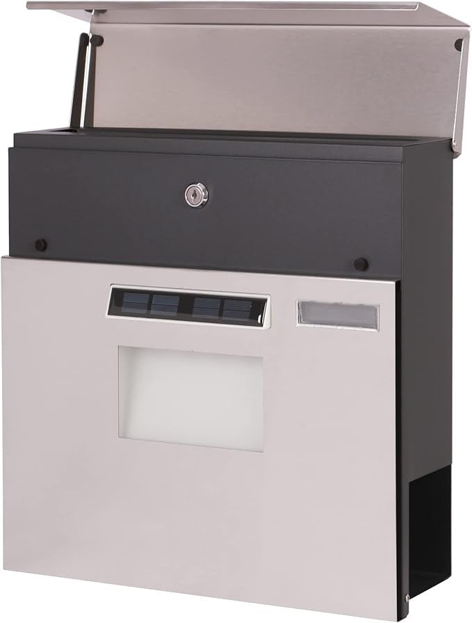 Wall Mounted Stainless Steel Mailbox with Solar LED, Lock, A4 Slot, Weatherproof