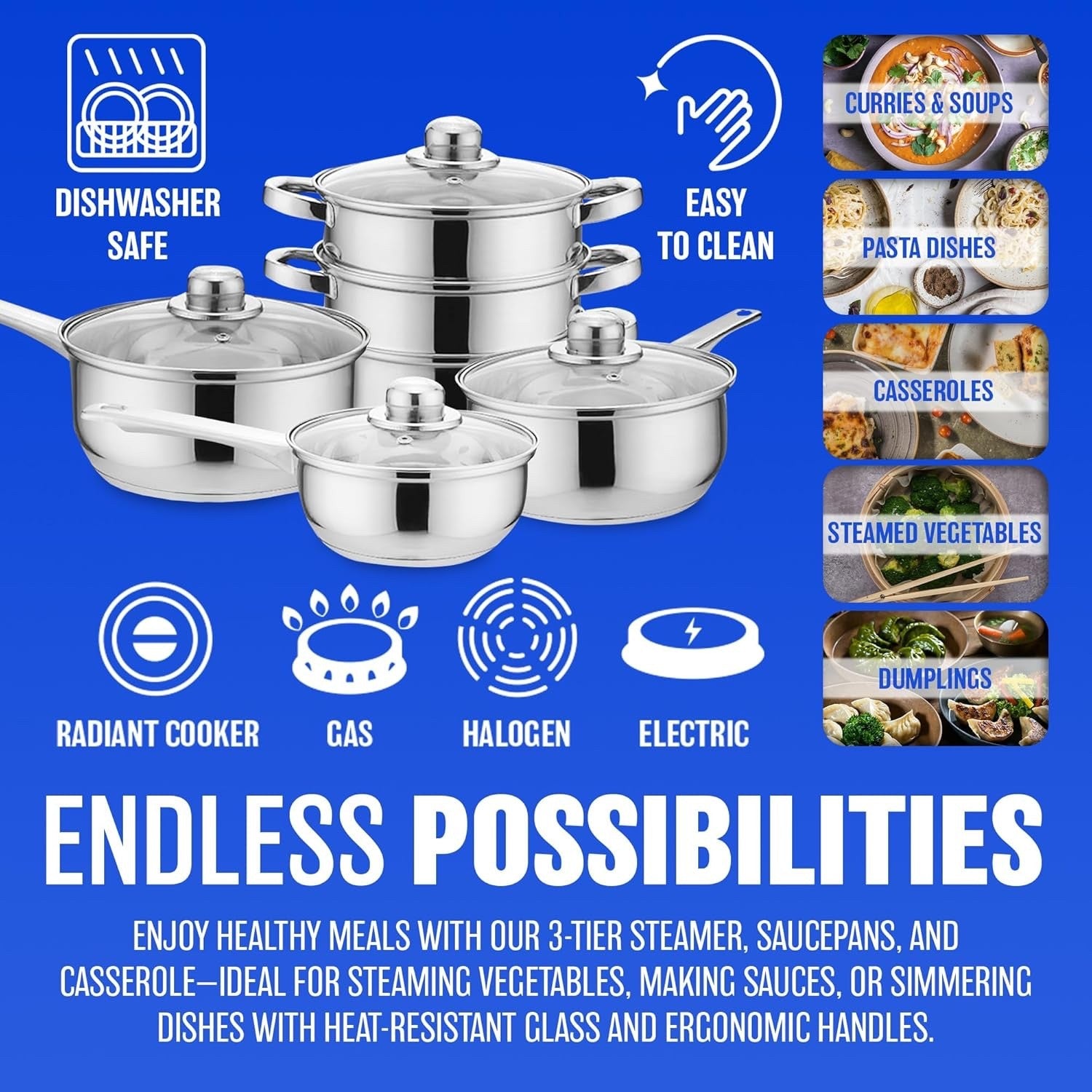 6pcs Stainless Steel Cookware Steamer Pot Set with Glass Lids & Handles