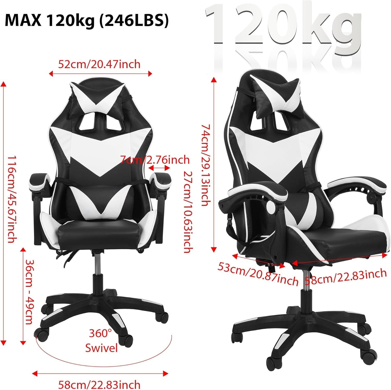 Ergonomic Gaming Chair Adjustable Lumbar Support & Headrest - Reclining Office