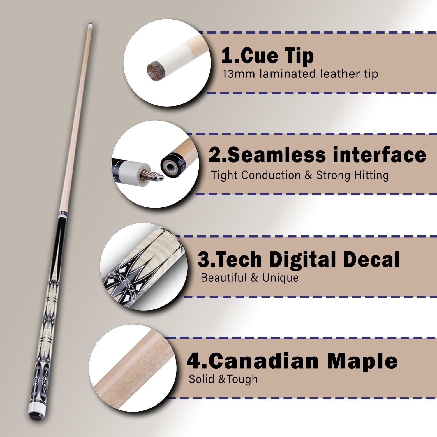 58" Maple Pool Cue 13mm Tip 19oz 20oz 1/2 Joint Billiard Stick