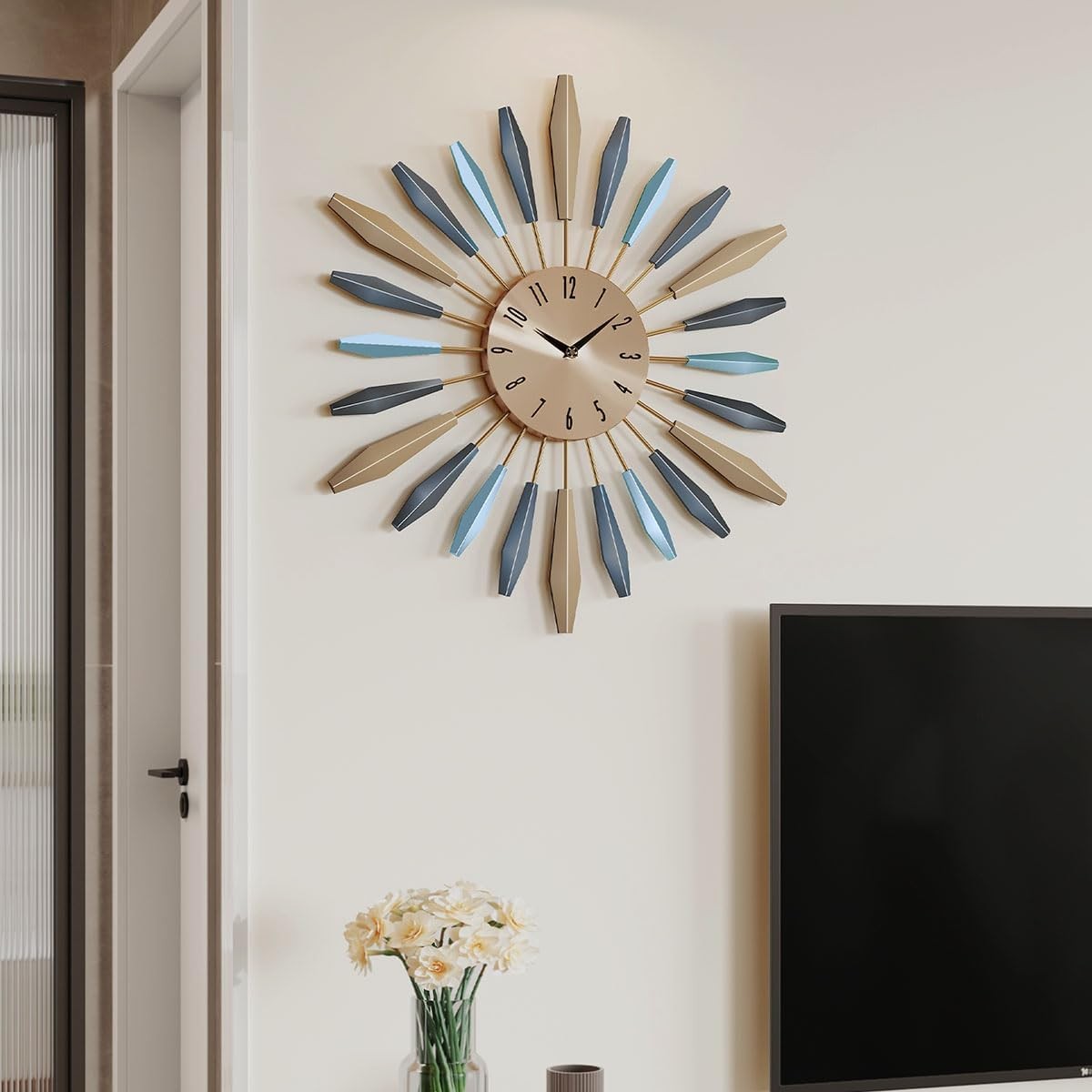 Modern Silent Wall Clock 55cm Large Metal Sunburst Design Home Decor