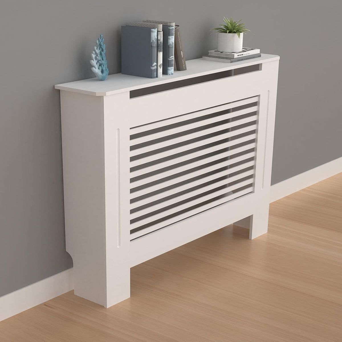 Tall Radiator Cover White MDF Cabinet | Horizontal Slats Modern Shelf 100cm