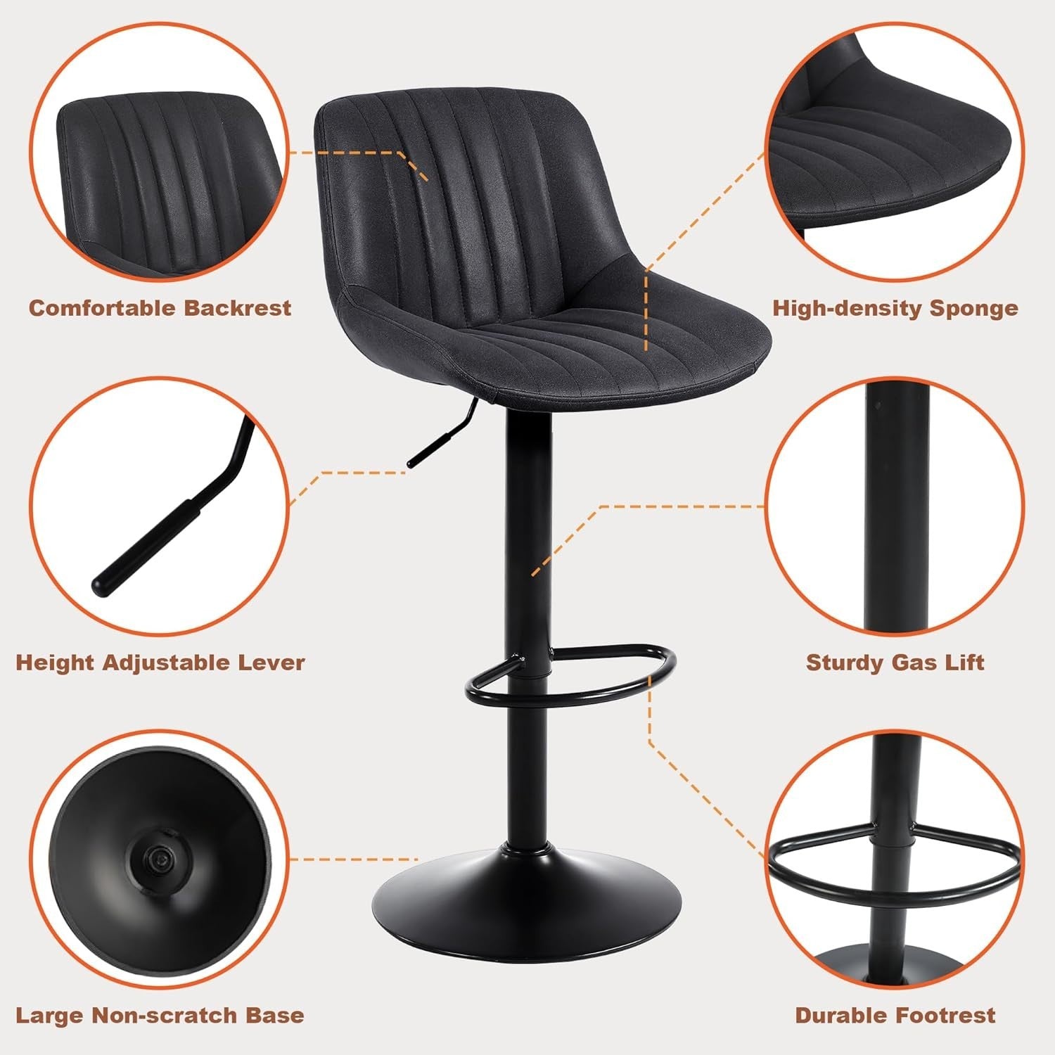 Black Adjustable Swivel Bar Stool PU Leather Modern Counter Chair