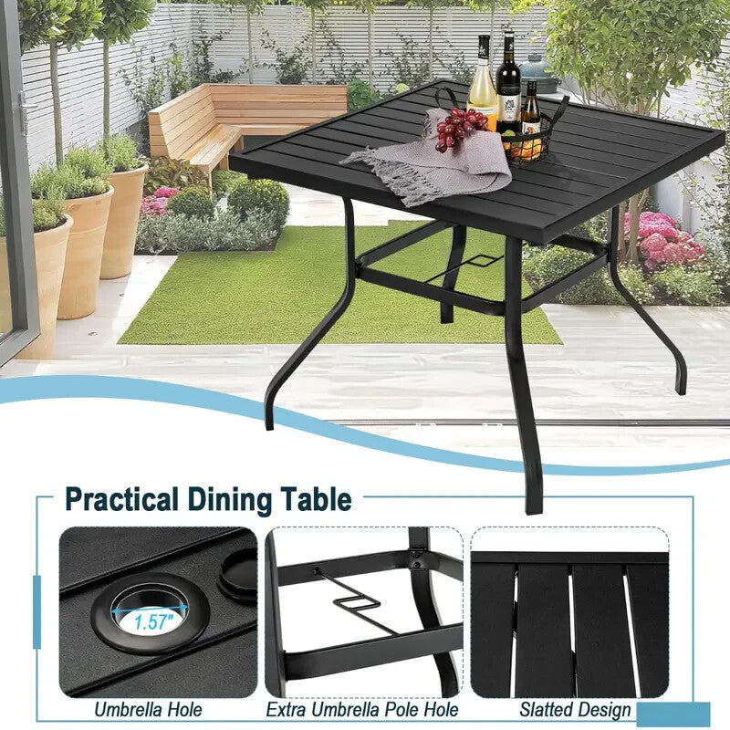 5-Piece Metal Patio Dining Set – Stackable Chairs & Slatted Table w/ Umbrella Ho
