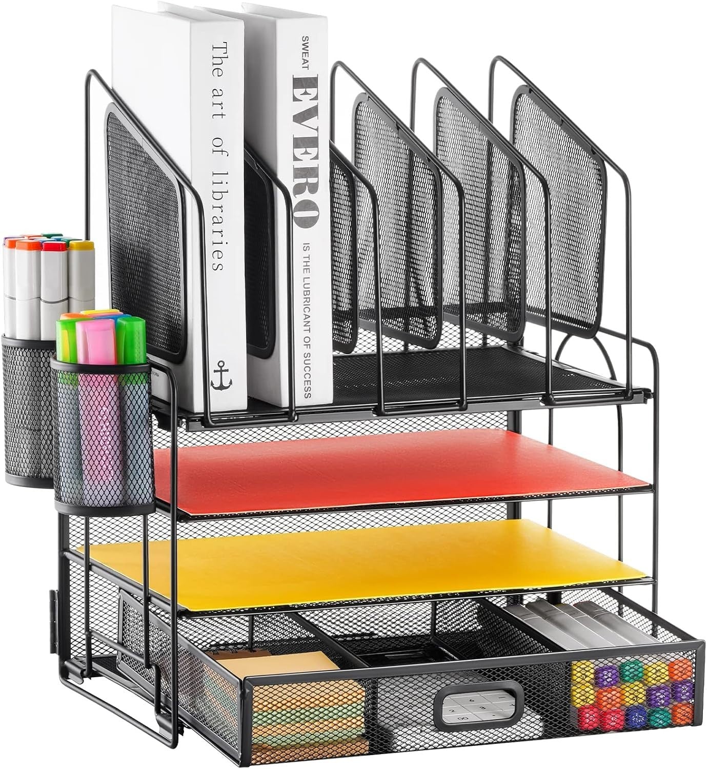 4-Tier Desk Organizer Tray with Drawer, 5 Vertical File & Pen Holders