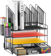 4-Tier Desk Organizer Tray with Drawer, 5 Vertical File & Pen Holders