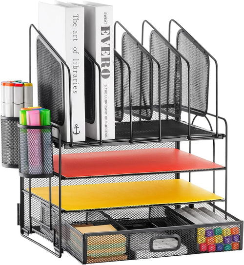 4-Tier Desk Organizer Tray with Drawer, 5 Vertical File & Pen Holders
