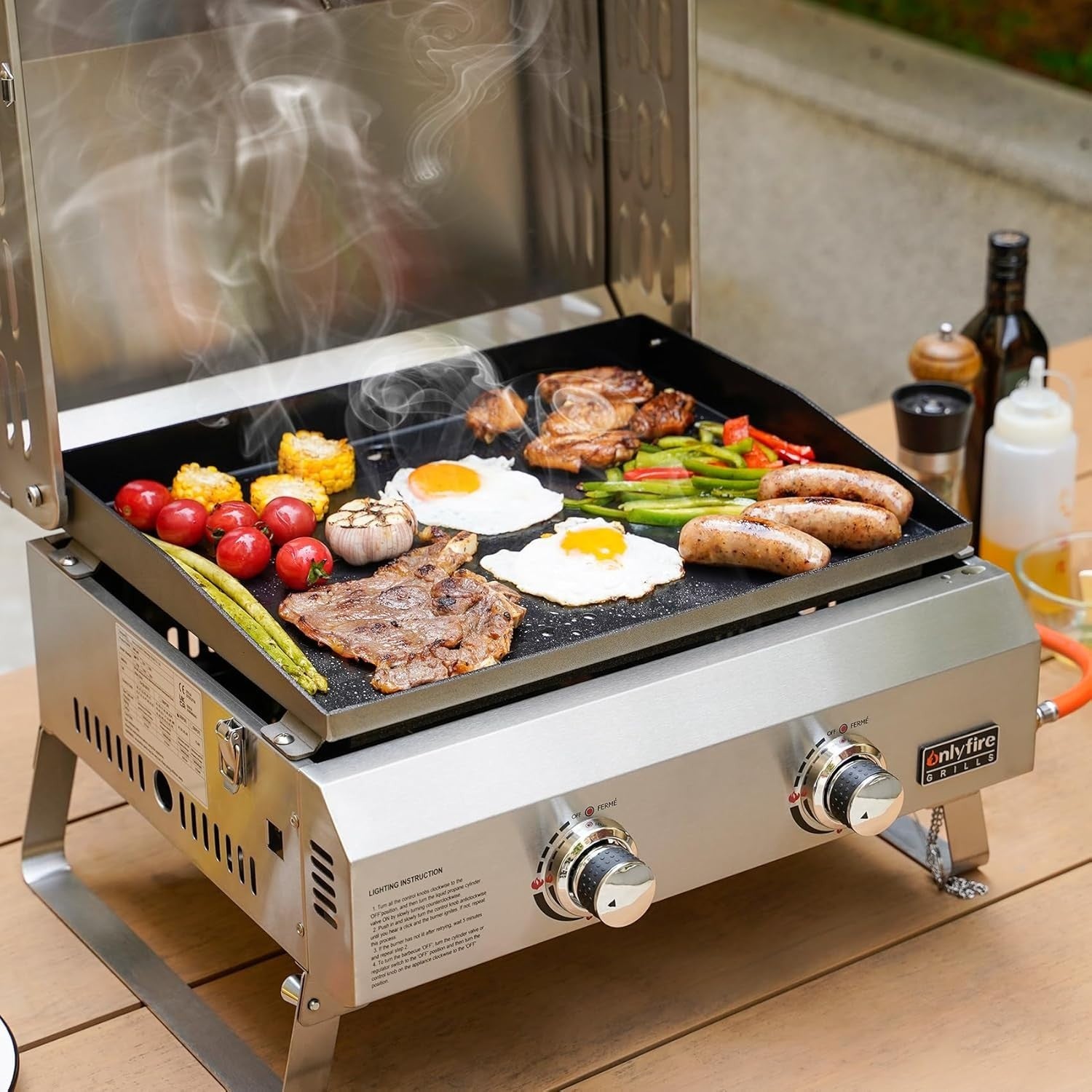 Portable 2 Burner Gas BBQ Plancha Grill with Lid & Thermometer | Tabletop
