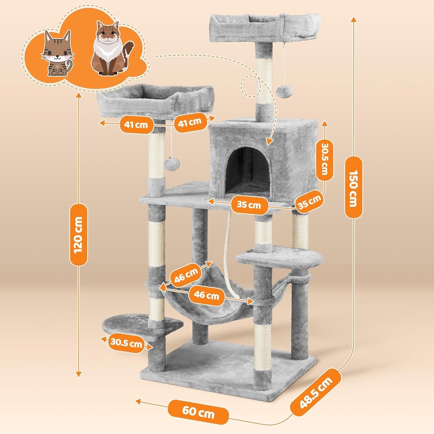 Large Cat Tree Tower 150cm Scratching Condo Hammock Climbing Centre