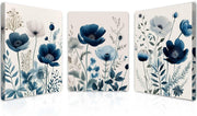 Blue Floral Canvas Wall Art Set of 3 Framed Prints 12x16 Modern Home Decor
