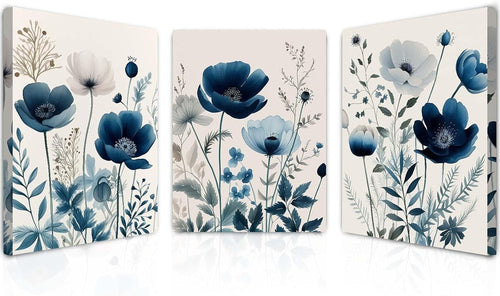 Blue Floral Canvas Wall Art Set of 3 Framed Prints 12x16 Modern Home Decor