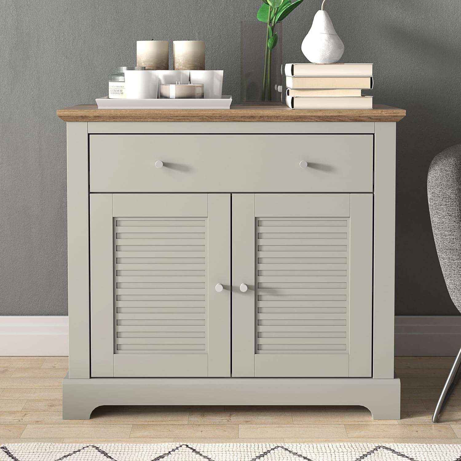 Modern Light Grey Oak Sideboard with Drawer & Adjustable Shelves Storage