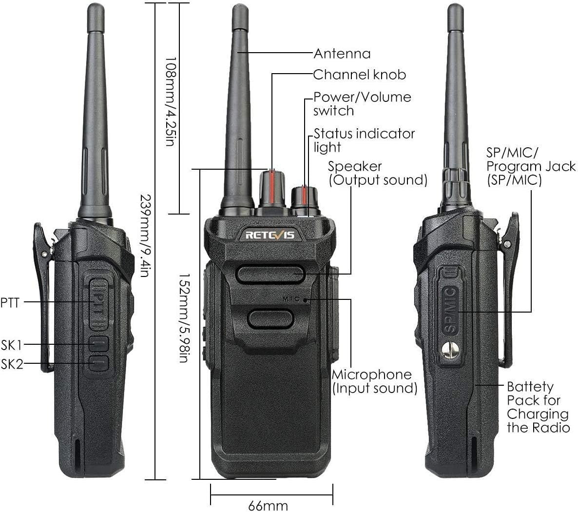 Waterproof Walkie Talkies IP67 Long Range 2km USB Charging VOX 2PCS