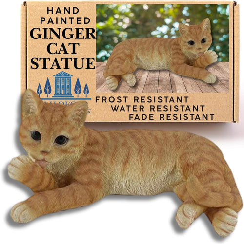 Realistic Orange Tabby Cat Statue Polyresin Garden Ornament Weatherproof Laying