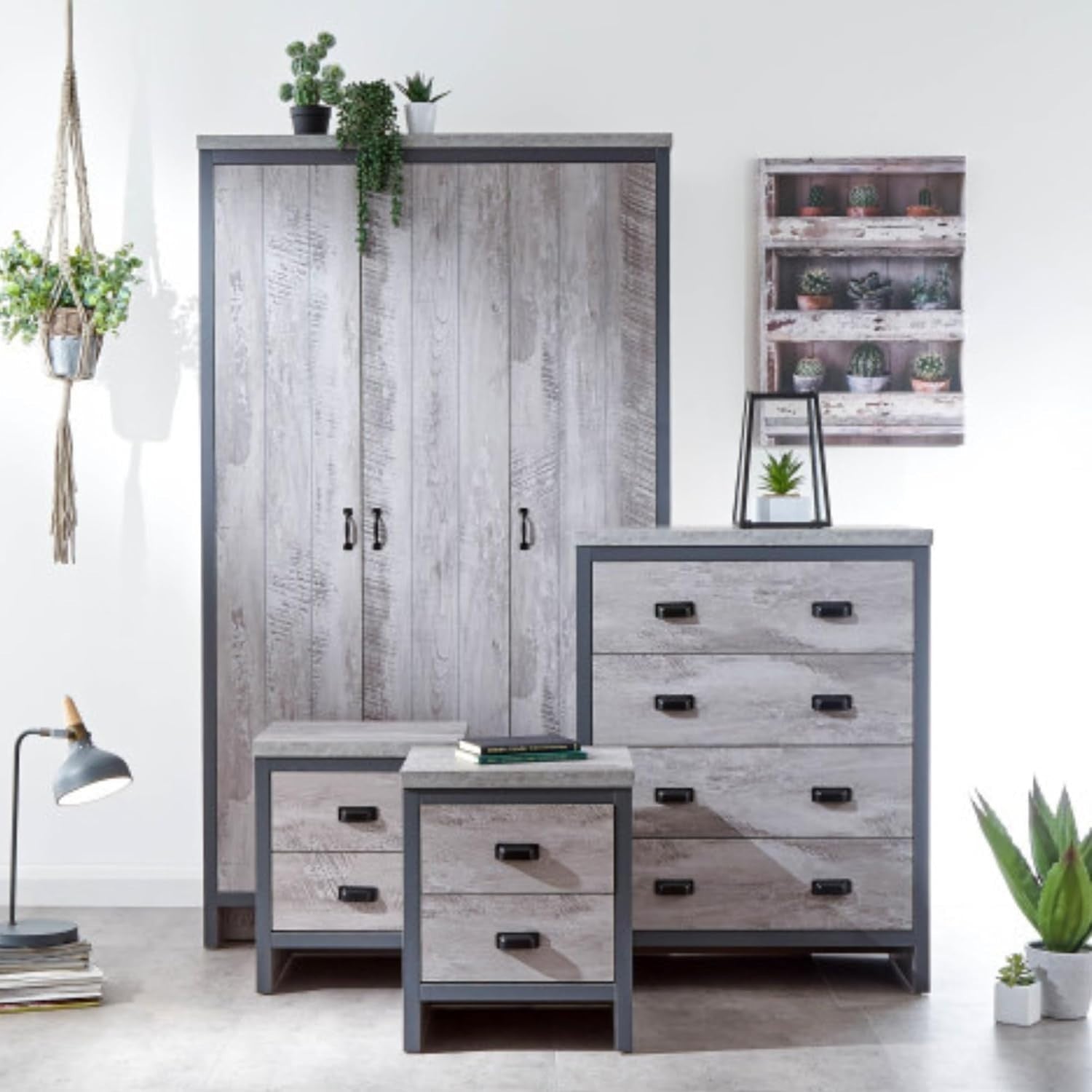 3 Door Grey Wardrobe Hanging Rail Shelves Bedroom Storage Cupboard
