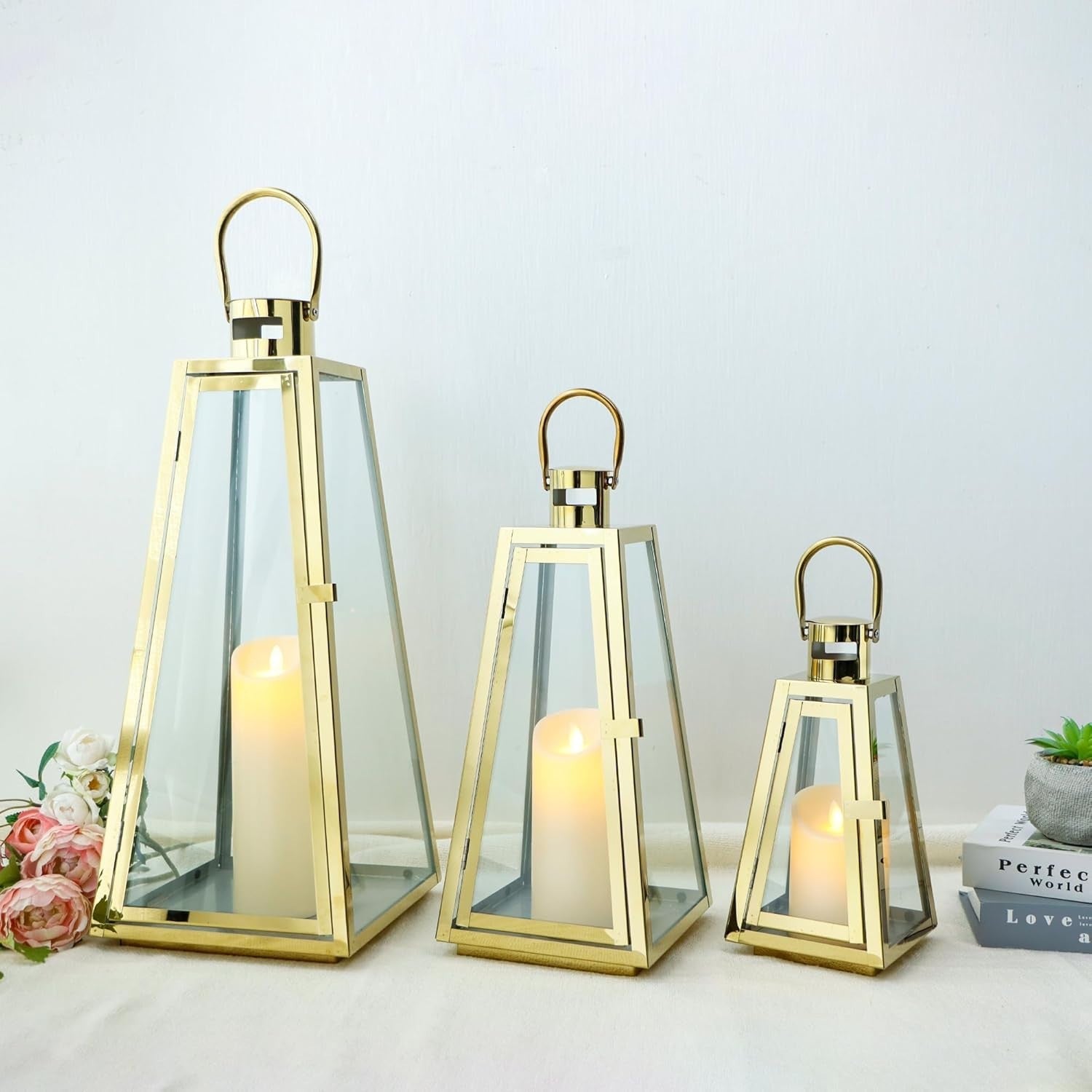 Set of 3 Gold Stainless Steel Lanterns Hanging Candle Holders