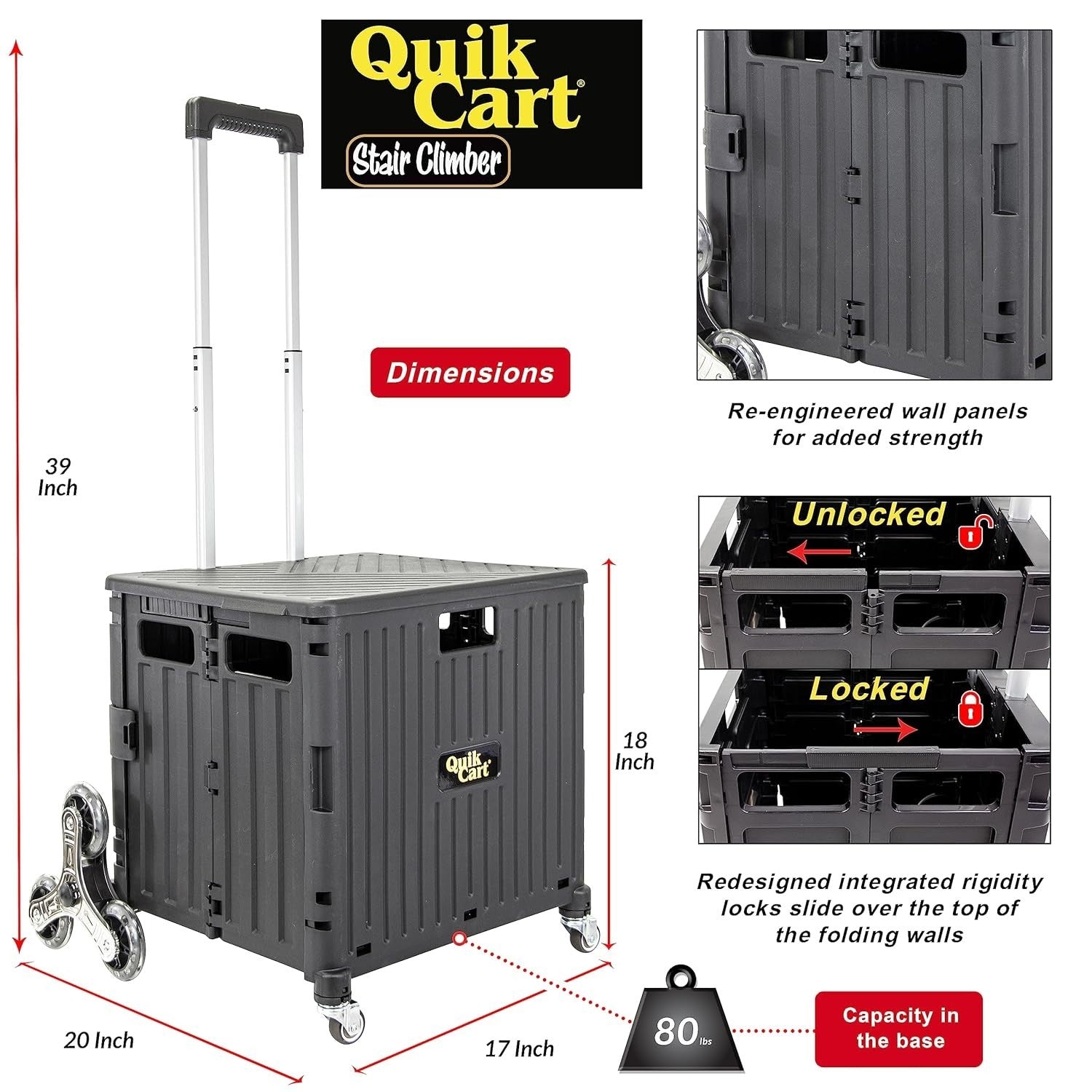 Quik Cart Stair Climber Rolling Crate with Seat – Foldable Utility Cart