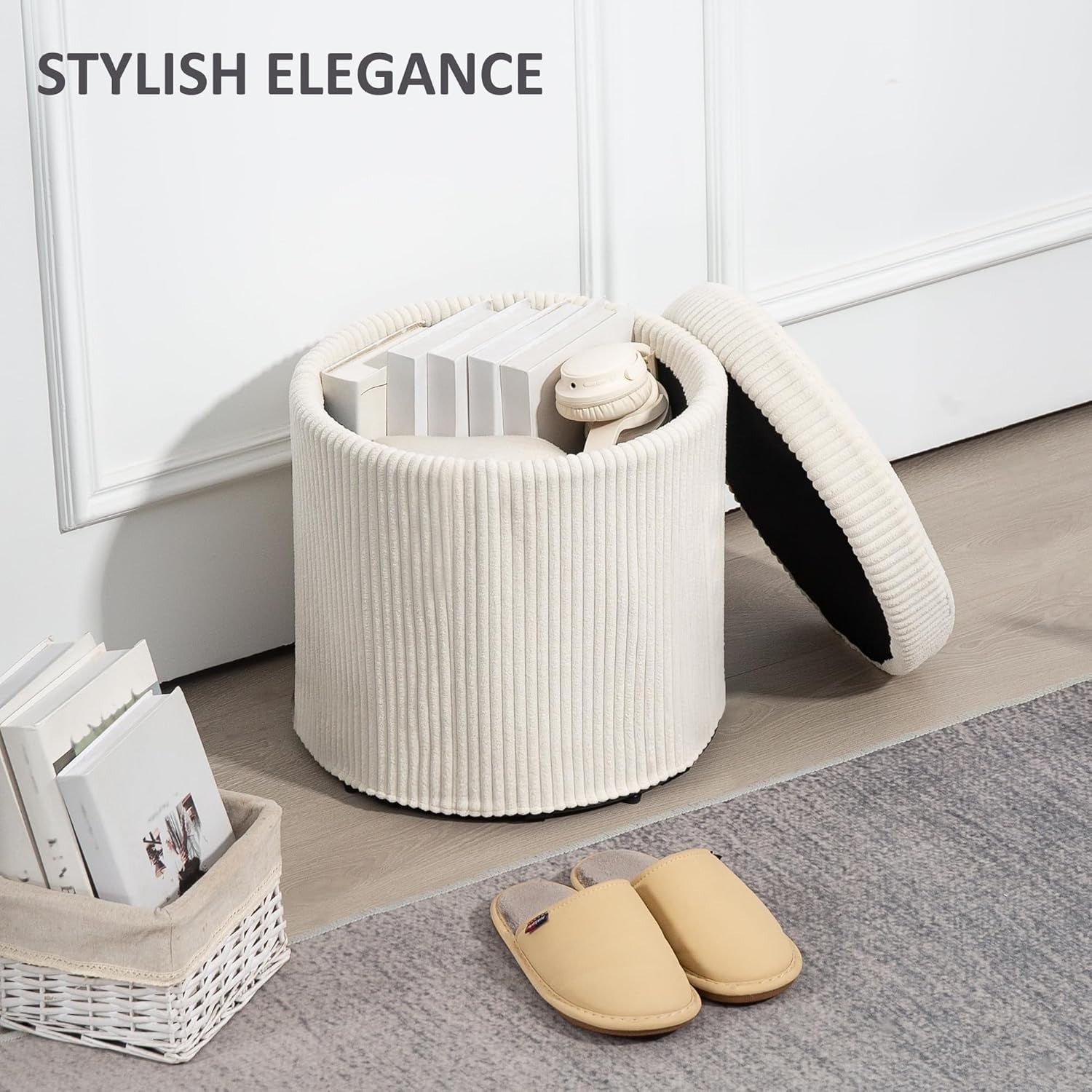 Beige Corduroy Storage Ottoman Round Footstool 40cm Padded Seat with Legs