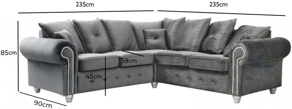 Dark Grey Velvet Corner Sofa 5 Seater – Chesterfield L Shape Settee – Rolled Arm