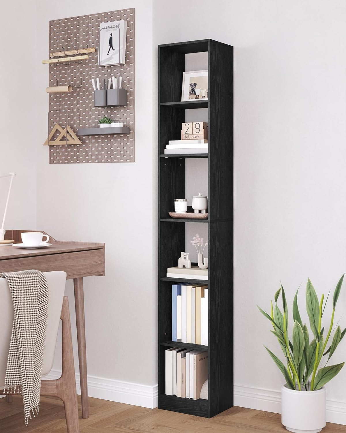 Modern 6-Tier Black Wooden Bookshelf, Adjustable Shelves, 24x30x184 cm