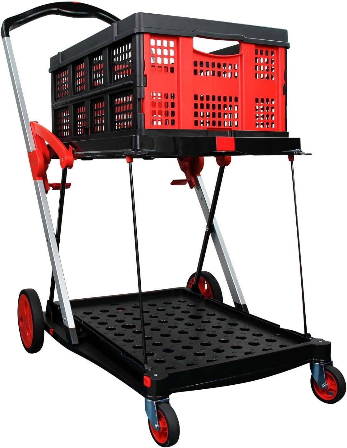 Folding Shopping Cart Two-Tier Utility Trolley 360° Swivel Wheels Red