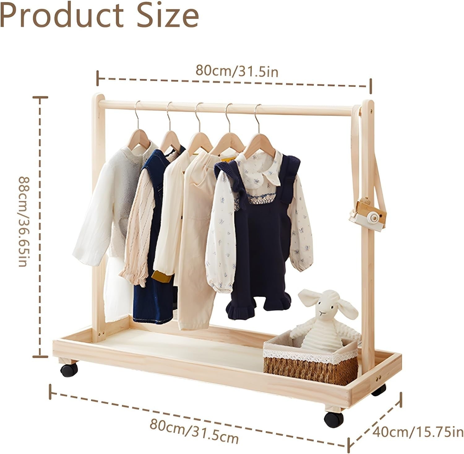 Kids Clothes Rack with Wheels, Wooden Toddler Stand Natural