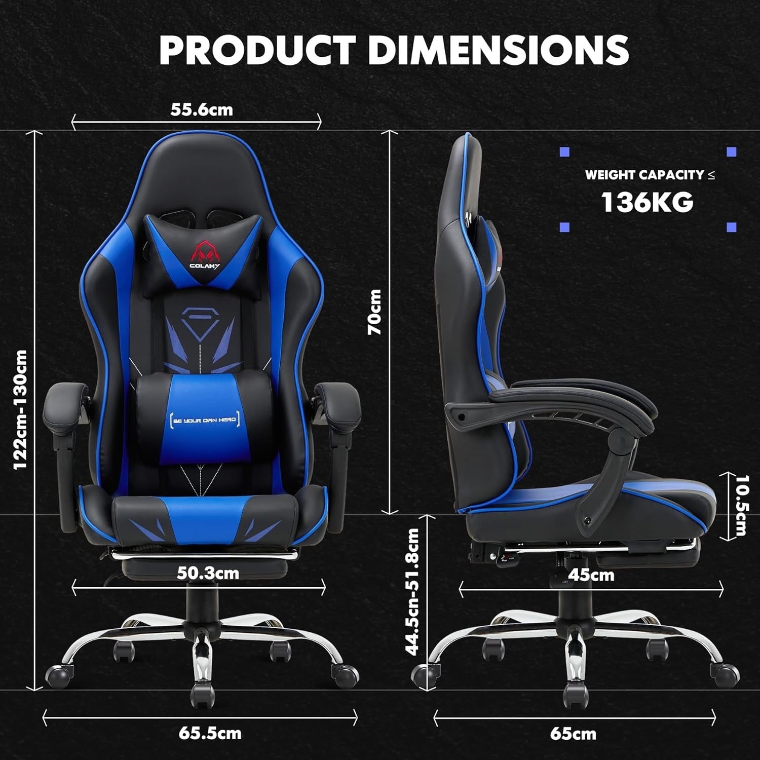 High Back Gaming Chair with Footrest Blue Faux Leather Computer Office Swivel Se
