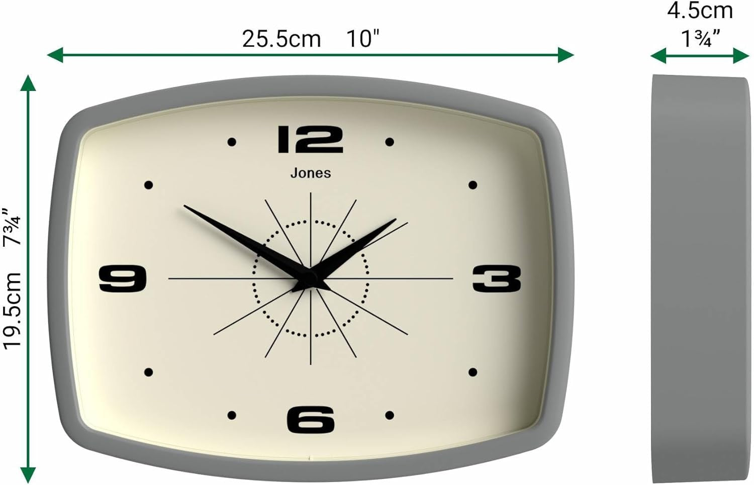 Retro 25cm Wall Clock Rectangle Silent Grey Modern Kitchen Living Room Decor