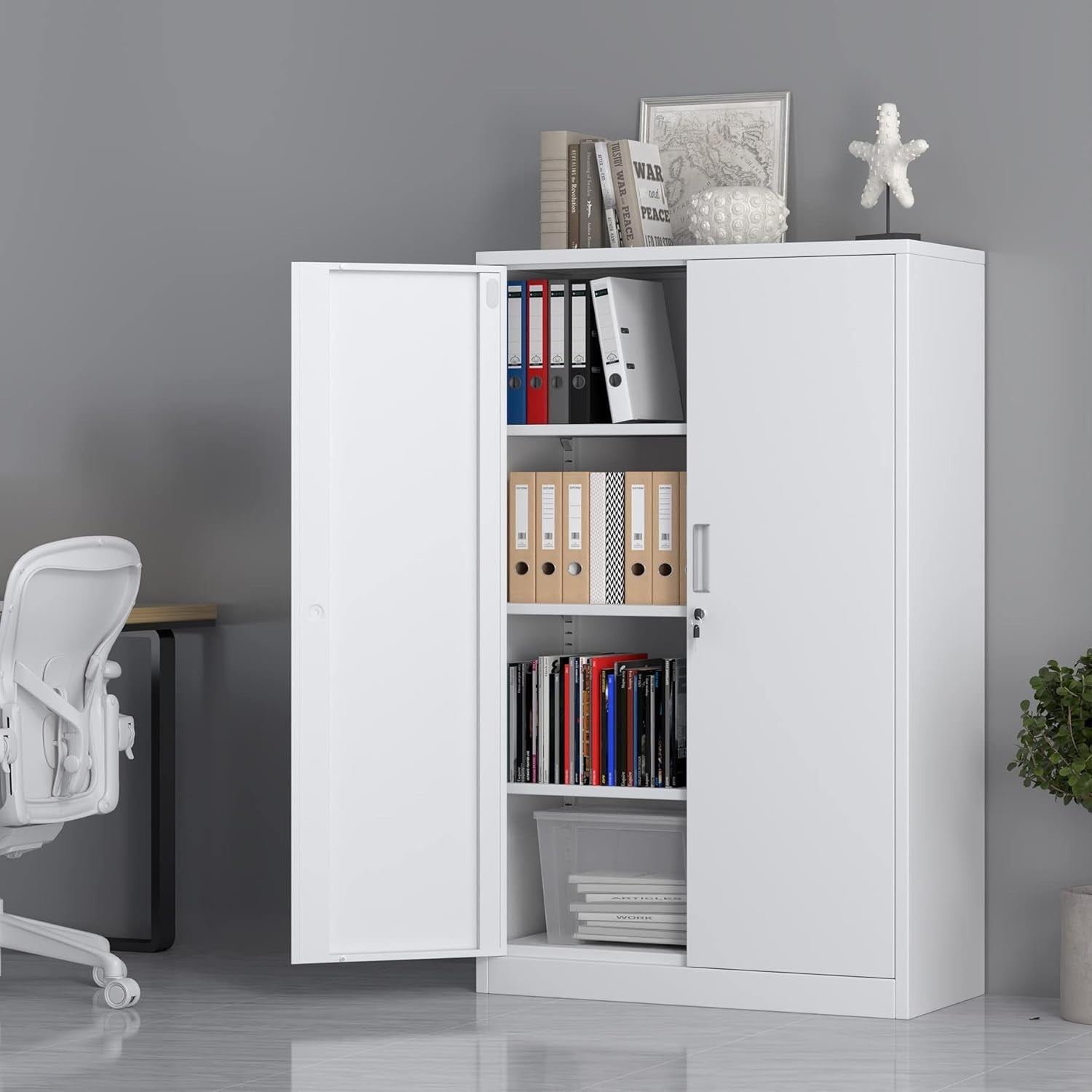 Tall Metal Storage Cabinet Lockable 3 Shelf Office Garage Cupboard