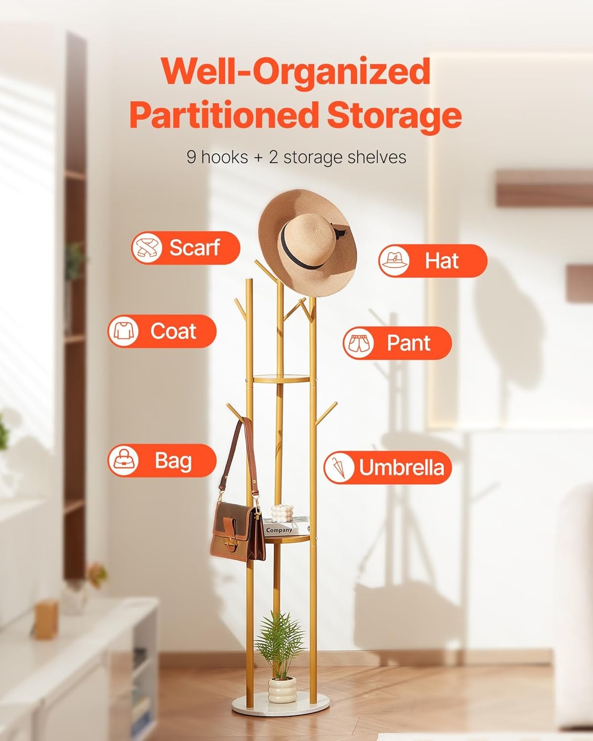 Freestanding Coat Rack with Quartz Stone Base | 9 Hooks Hall Tree Stand