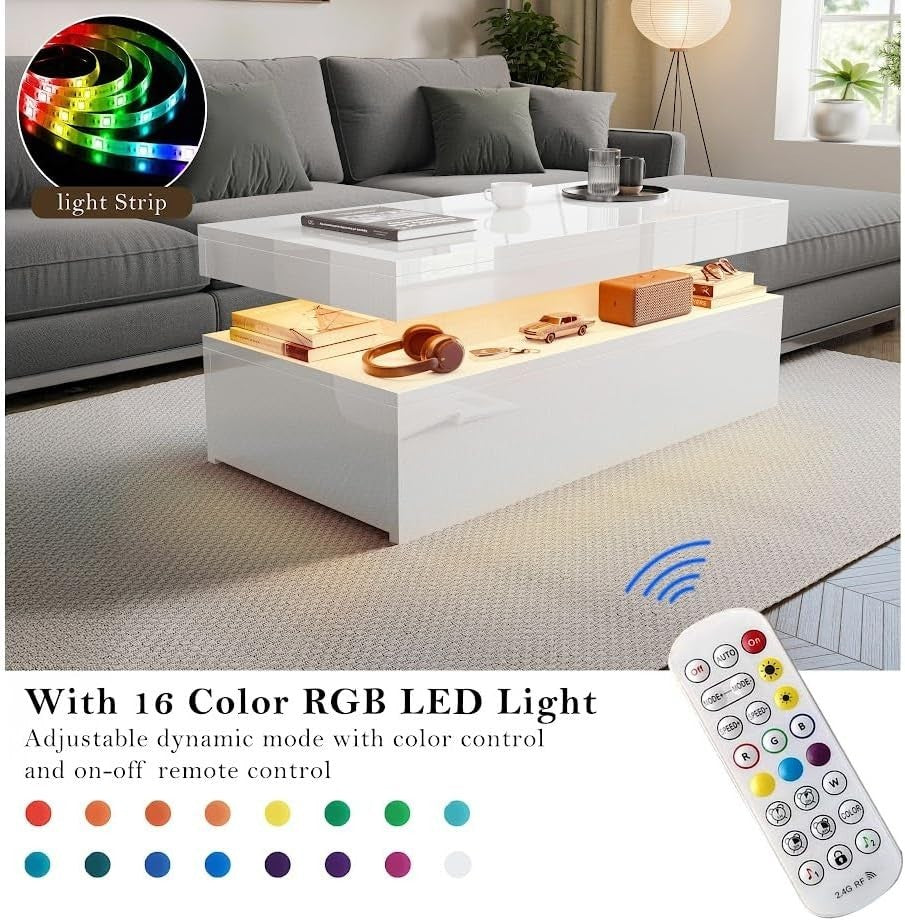 High Gloss Rectangle Coffee Table with 2 Drawers & RGB LED Lights 94x47x38cm