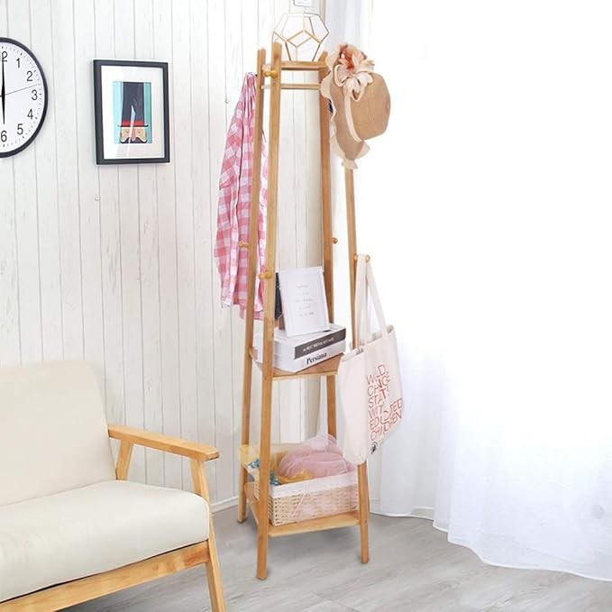 Bamboo Coat Rack with Shelves | Freestanding Hall Tree with 8 Hooks & 3 Tiers