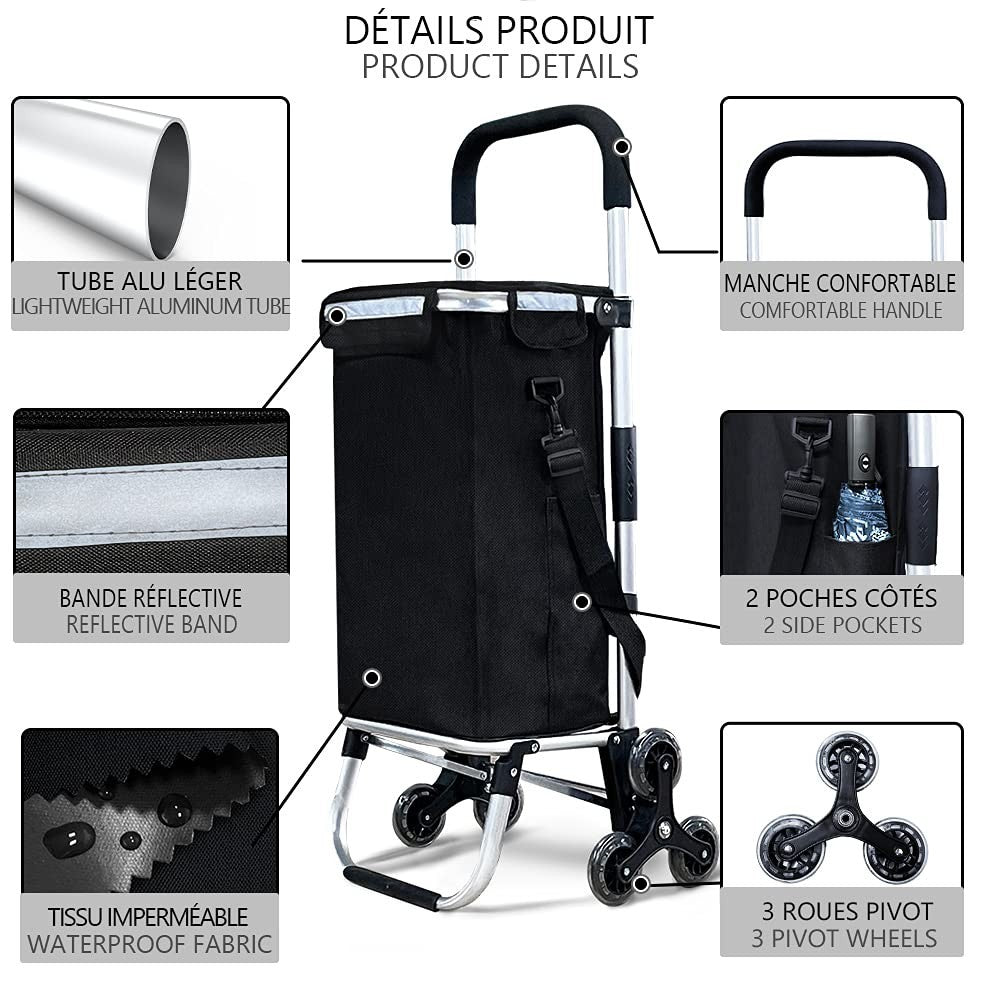 6 Wheel Lightweight Folding Shopping Trolley 58L Insulated Cart Black