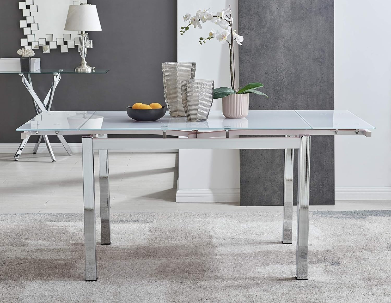 White Glass Extendable Dining Table Modern Chrome Legs 110–170cm Room